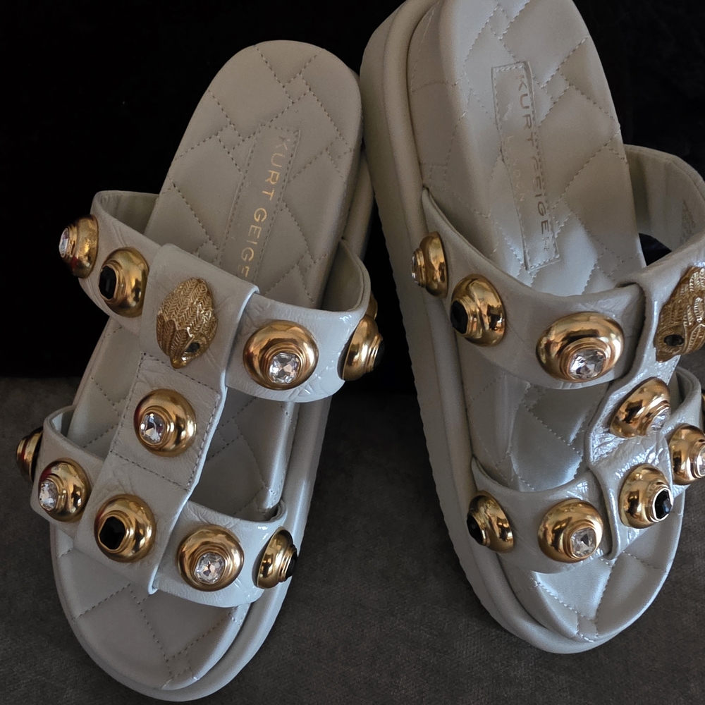 Kurt Geiger Cream Quilted Slide Sandals with Gold Studs